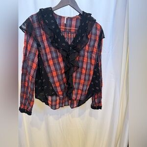 Free People Orange and Black Plaid Top